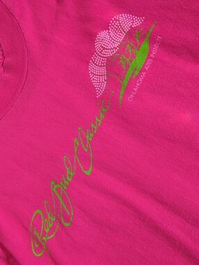 Oklahoma Red Bud Classic Hot Pink Tee with Lime Green Script & Tree Size M